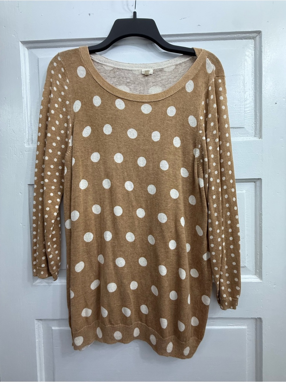 J. Crew Camel and White Polka Dot Scoop Neck Sweater